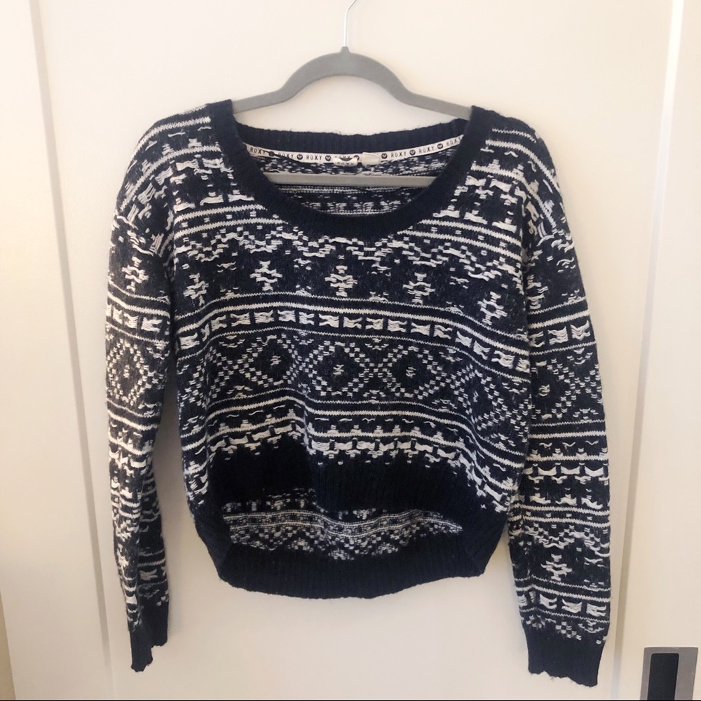 Roxy Black and White Cropped Fair Isle Wool Blend Sweater Size Medium
